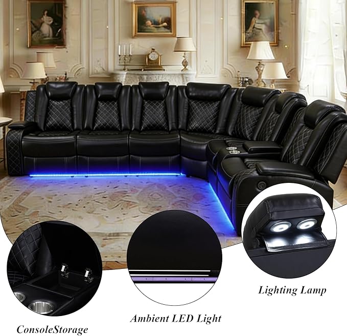 Power Reclining Sectional Couch for Living Room, Black Leather Sectional Sofa Set with Recliner, LED Lights, Storage Console, Cup Holders, USB Charging, Home Theater Seating for Family Room