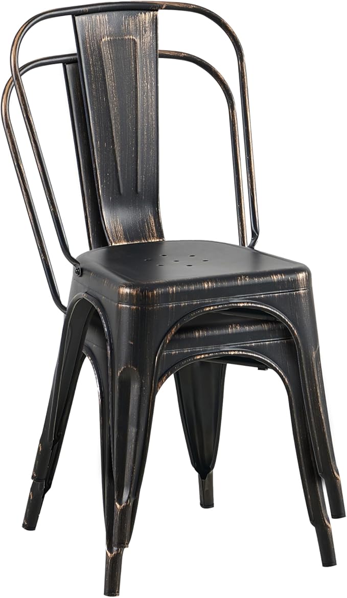 AC Pacific Stackable Metal Dining Chairs Set of 4 for Indoor and Outdoor Use, Durable Stacking Seat, Farmhouse Kitchen, Bar, Patio, Bistro, Cafe, Industrial Style, Sanded Matte Black