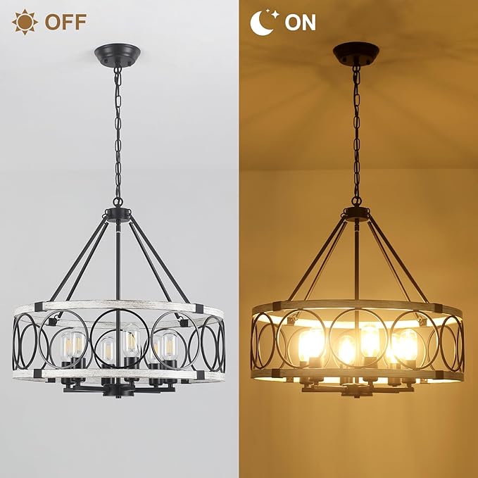 Rustic Farmhouse Chandelier 6 Light, Dining Room Light Fixtures Over Table, Hanging Farmhouse Light Fixture Round Chandelier for Kitchen Island Entryway Foyer Bedroom-Black & White Oak