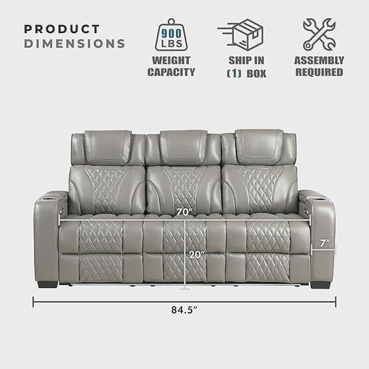 Lexicon Power Double Reclining Sofa, Center Drop-Down Table with Heat/Massage/Headrest/Storage Arms/Cup Holders/LED Lights/Wireless Charging, Top Grain Leather Match Wall Hugger Recliner Sofa, Grey