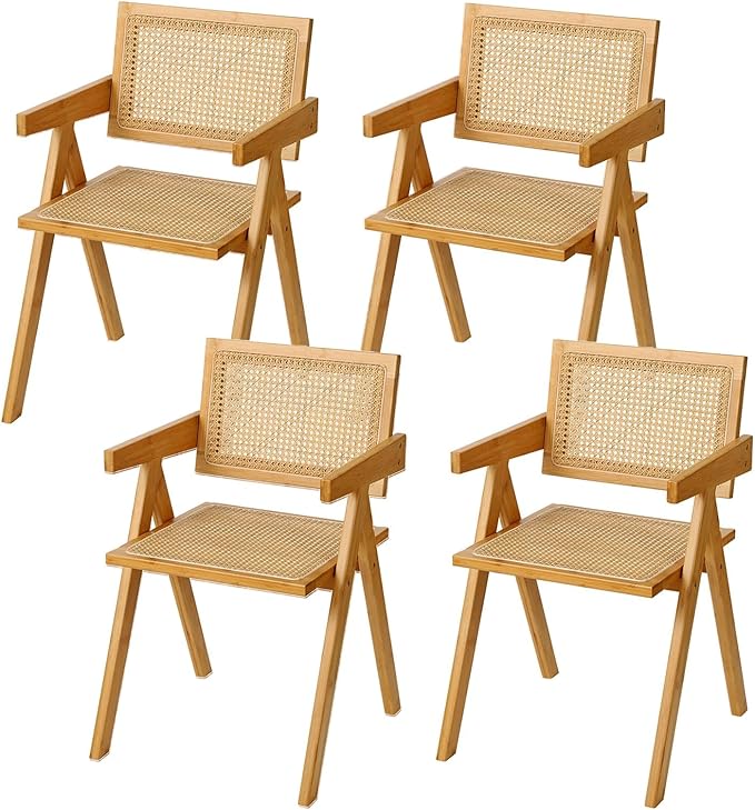 Rattan Dining Chairs Set of 4, Modern Mid Century Accent Chairs, Comfy Armchairs, Outdoor Rattan Chairs with Armrest for Bedroom Living Room Reading Room Dining Kitchen