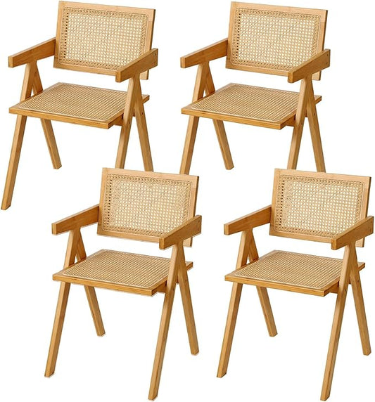 Rattan Dining Chairs Set of 4, Modern Mid Century Accent Chairs, Comfy Armchairs, Outdoor Rattan Chairs with Armrest for Bedroom Living Room Reading Room Dining Kitchen