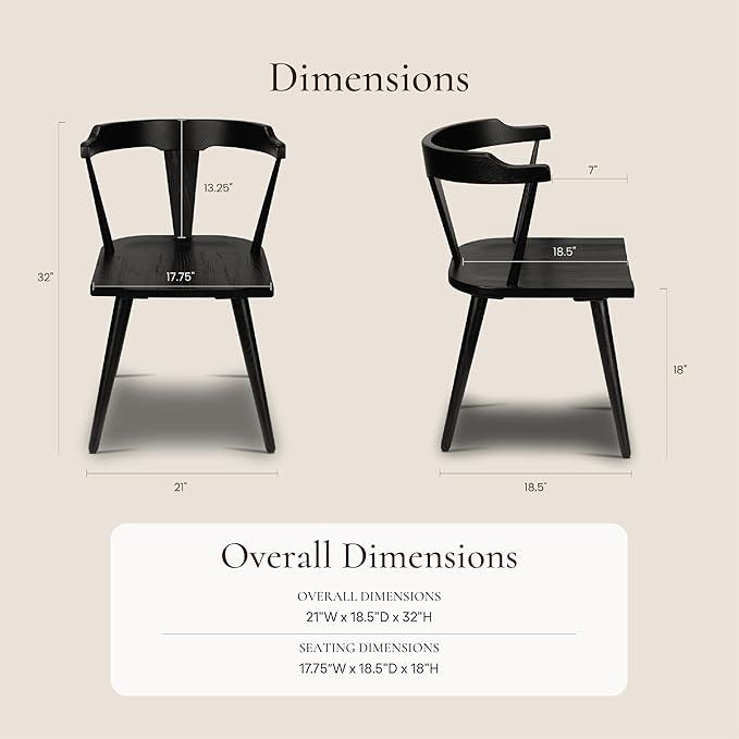 Poly & BARK Mid Century Modern Enzo Black Dining Chair – Solid Oak Wood Splat Back Chair, 18" Seat Height, 32" Tall – Stylish MCM Kitchen & Dining Room Chair - Set of 2