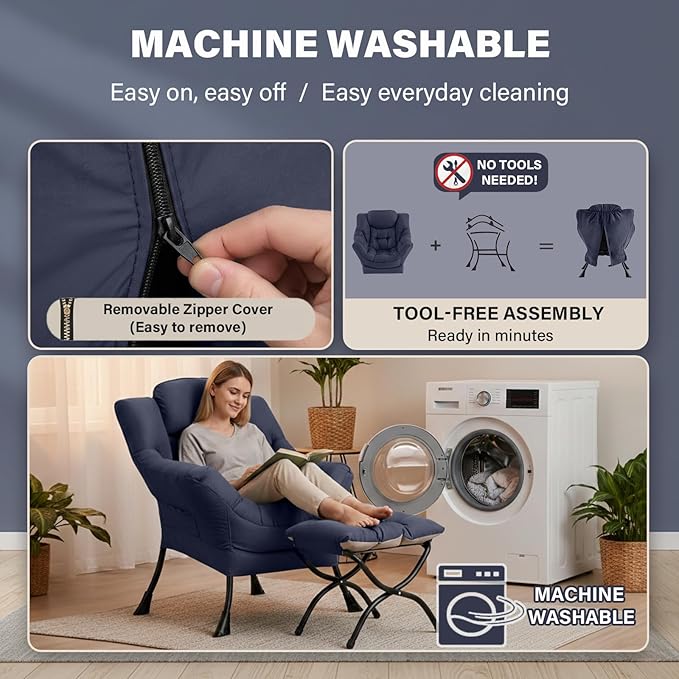 Cozy Lazy Chair and Ottoman, Large Navy Contemporary Accent Chair Set, Modern Leisure Upholstered Reading Armchair for Bedroom, Living Room, Dorm Rooms, Office, Balcony