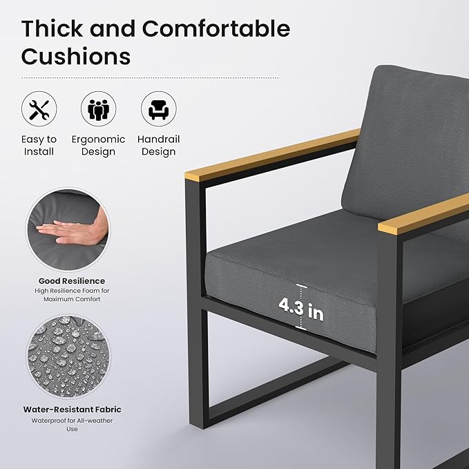 4 Pieces All-Weather Patio Conversation Set, Modern Patio Furniture, Metal Balcony Furniture with Coffee Table, Thick Cushion for Outdoor Porch, Gray