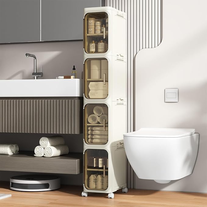 4 Tier Slim Bathroom Storage Cabinet, Narrow Organizer with Wheels and Toilet Paper Holder, Waterproof, No Assembly Required, Perfect for Small Spaces in Bathroom, Kitchen and Living Room