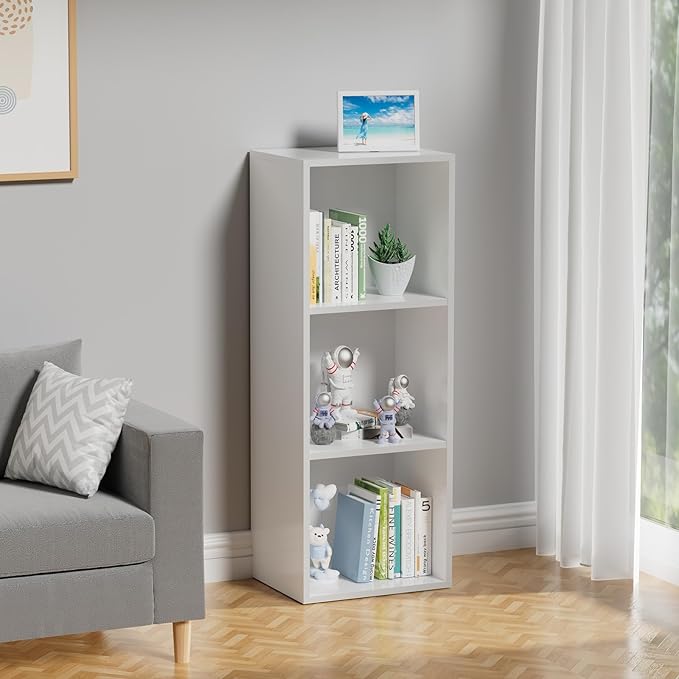 3 Tier Bookshelf, Narrow Bookcase for Small Spaces, Wooden Book Case Bookshelves Storage Organizer for Bedroom Living Room Home Office (White, 3 Cube)