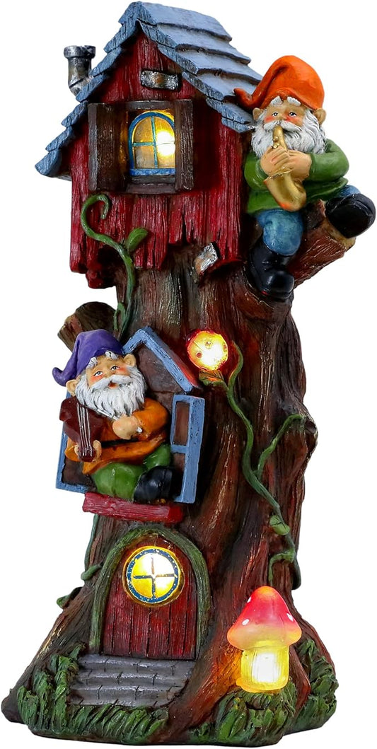TERESA'S COLLECTIONS 11" Tall Large Garden Statues Gnome Treehouse with Solar Outdoor Light, Dad Gifts for Men,Resin Garden Decor Lawn Ornaments for Patio Yard Decor Gifts for Dad and Mom