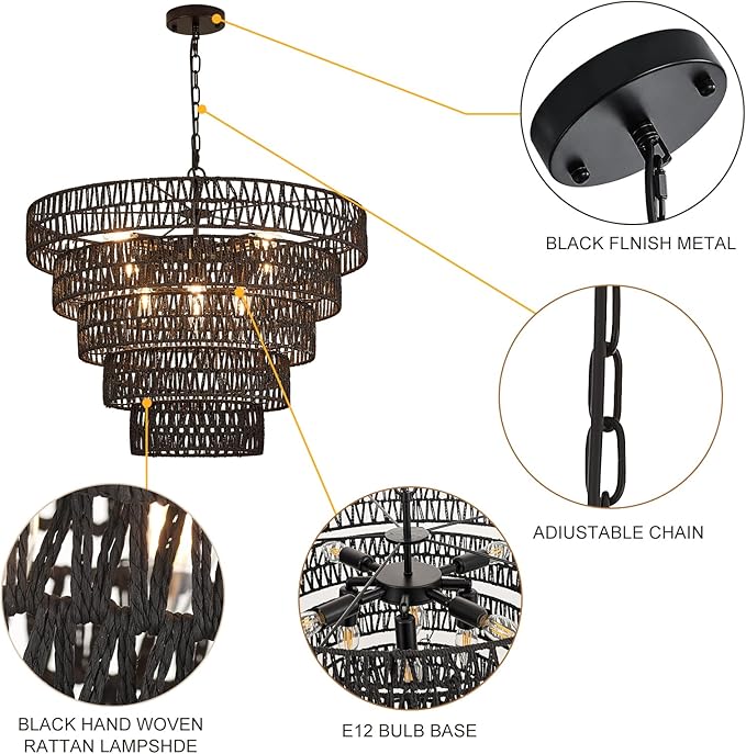25.6” Black Hand-Woven Rattan Chandelier Vintage Farmhouse 8-Lights Boho Large Bamboo Chandelier Light Fixture Retro 5-Tier Drum Wicker Chandeliers for Dining Room, Kitchen, Bedroom, E12