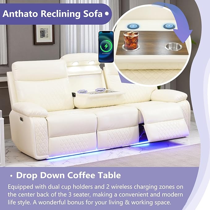 Power Reclining Sofa Set, Living Room Furniture Sets, Luxury Leather Recliner Sofa & Chair with Cup Holders/Charging/LED, Breathing Leather Reclining Couch for Home Theater/Office,Cream White