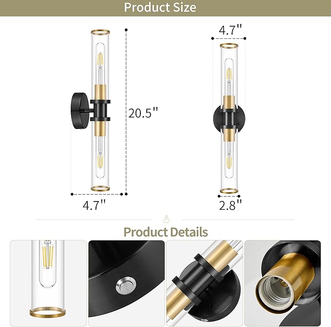 Wireless Wall Sconce with Remote Control, Black Gold Battery Operated Wall Lights, Easy Install Dimmable Rechargeable Sconces Wall Decor Set of 2 for Living Room Bedroom Hallway Stairwell, 3000K