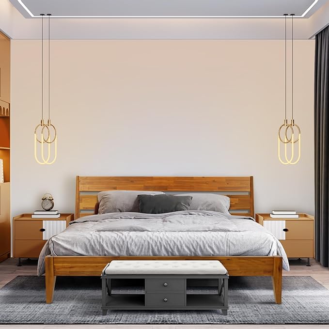Acacia Emery Bed Frame with Headboard Solid Wood Platform Bed, King Size Bed Frame, Mid - Century Modern Wood Bed Compatible with All Mattresses, Easy Assembly, Non-Slip (Caramel, Queen)