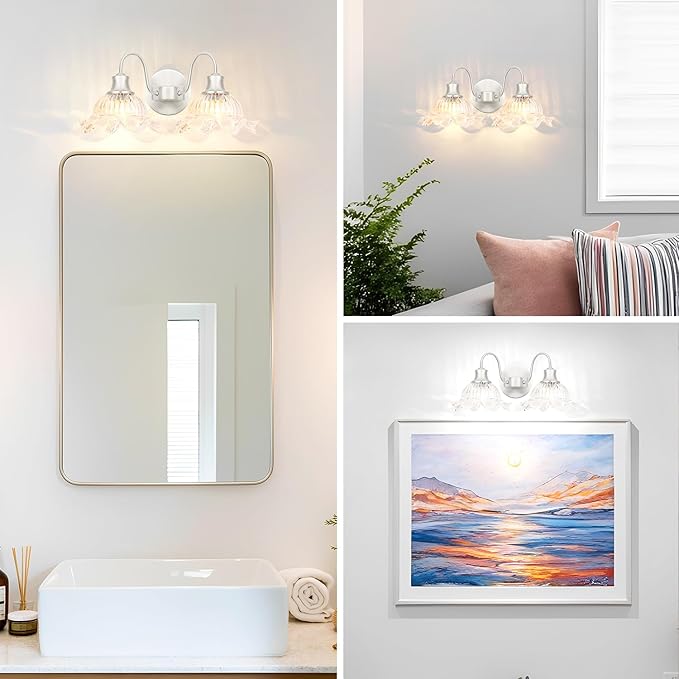 Vintage Vanity Light 2-Light, Brushed Nickel Bathroom Light Fixture with Glass Shades, Wall Sconce for Bathroom Mirror Lighting, Crystal Wall Sconce Decor for Powder Rooms, Dressing Areas