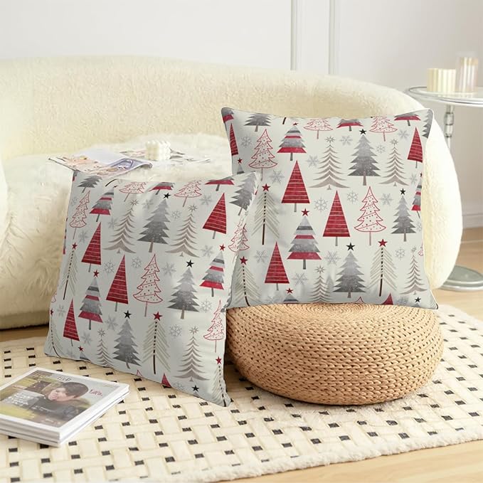 Christmas Throw Pillow Covers 22x22 Set of 2 Geometric Colorful Winter Xmas Tree Decorative Pillow Cases Outdoor Modern Farmhouse Holiday Red Gray Grey Cushion Case for Couch Sofa Bed