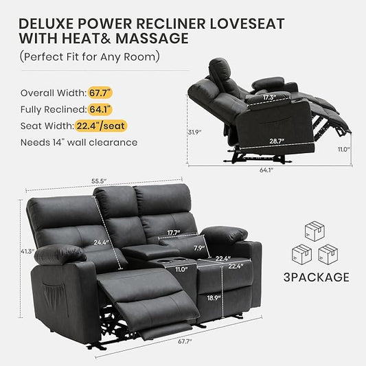 GUEAPY 68" Power Reclining Loveseat with Heat & Massage, Wall Hugger Double Reclining Sofa with Console, Cup Holders & Storage, Power Recliner Couch for Camper, Trailer, RV, Home Theater Living Room