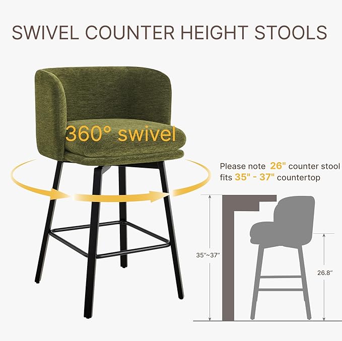 26" H Counter Height Swivel Bar Stools Set of 2, Barrel Counter Stools with Backrest, Linen Fabric Upholstered Barstools with Metal Legs for Kitchen Island,Green