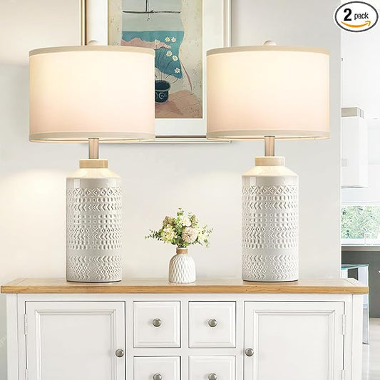 Set of 2 Modern Cream White Ceramic Table Lamps, 23.5" Elegant Farmhouse Bedside Lamps with White Linen Shade, Vintage Nightstand Lamps for Bedroom, Living Room & Entryway (Bulbs Not Included)