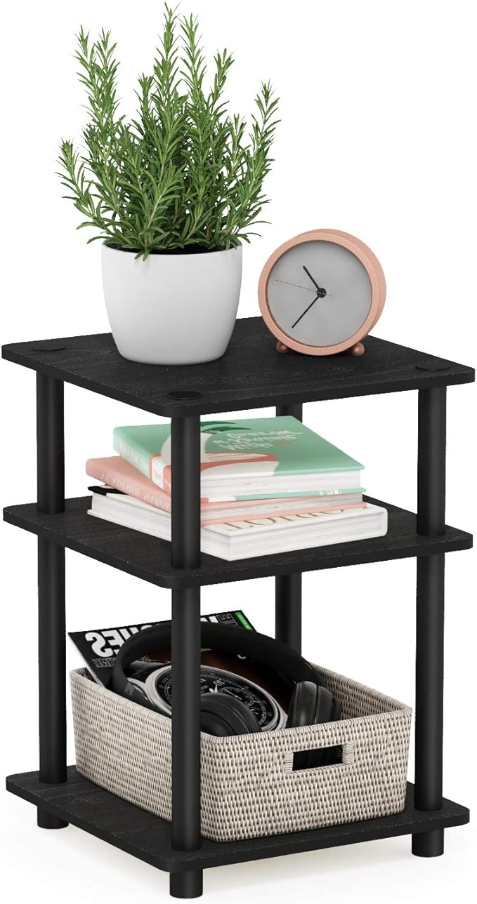 Furinno TURN-N-TUBE Side Table, 3-Tier Square Modern End Table, Open Shelves Nightstand, Night Stand, Bedside Table, Easy Assembly, for Living Room, Bedroom, Blackwood | Easy Assembly, Multipurpose