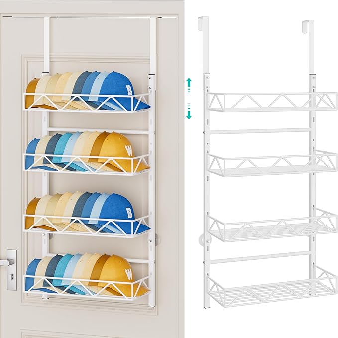 HapiRm Over the Door Hat Organizer - 4 Tier Wall Mounted Hat Rack with 4 Adjustable Metal Basket, Baseball Caps Organizer Storage Holds up to 40 Caps for Door, Bedroom, Closet (White)