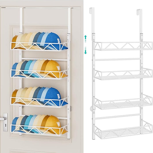 HapiRm Over the Door Hat Organizer - 4 Tier Wall Mounted Hat Rack with 4 Adjustable Metal Basket, Baseball Caps Organizer Storage Holds up to 40 Caps for Door, Bedroom, Closet (White)