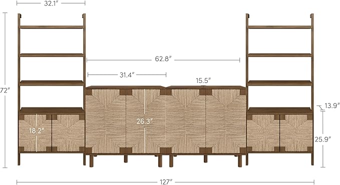 Nathan James Beacon Boho Seagrass Entertainment Center with Bookshelves and Storage Cabinet, Bookcase TV Stand Wall Unit, Fits TVs Up to 65 in. in Dark Brown Finish