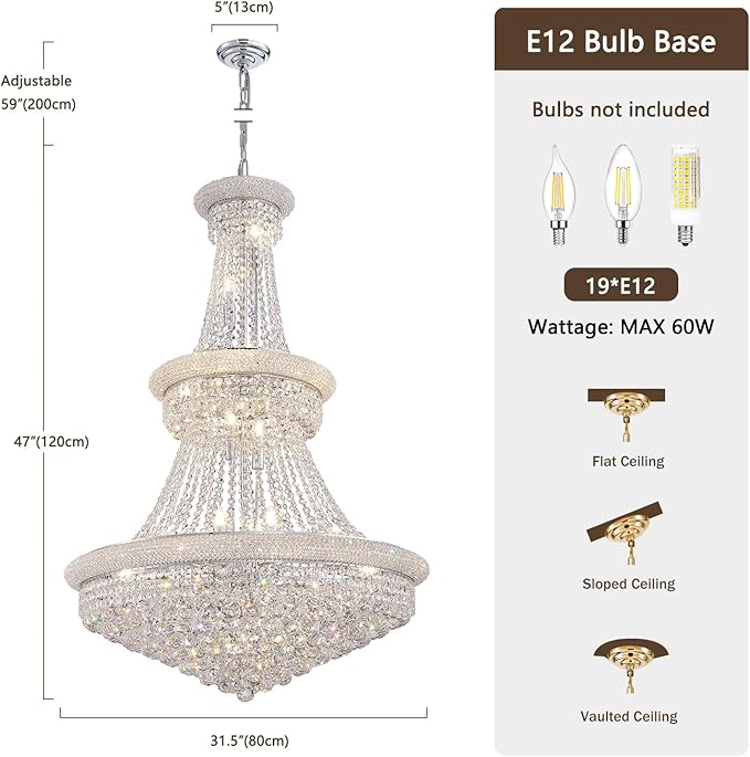 High Ceiling Chandelier 19-Lights Modern Crystal Chandeliers Silver Large Foyer Chandelier Fixtures for Staircase Living Room Hallway Entryway (H47 x W31.5)