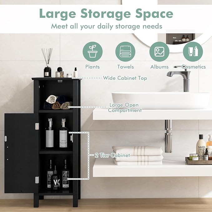 LDAILY LUARANE Wooden Bathroom Floor Storage Cabinet, Side Storage Organizer Cabinet with 1 Door Open Shelf Adjustable Shelves, Small Free Standing Sideboard for Entryway Living Room Kitchen (Black)
