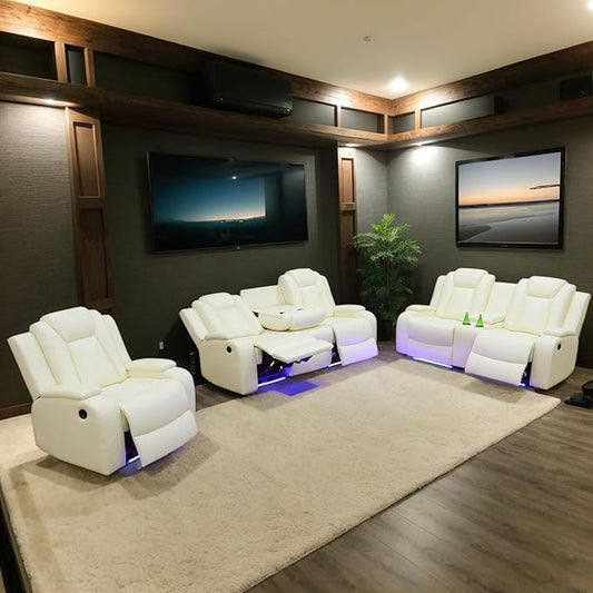 Power Recliner Sofa Set for Living Room, Leather Reclining Sofa Sets with Storage Console, Living Room Furniture Sets with LED Lights(Sofa, loveseat and Chair,Creamy)