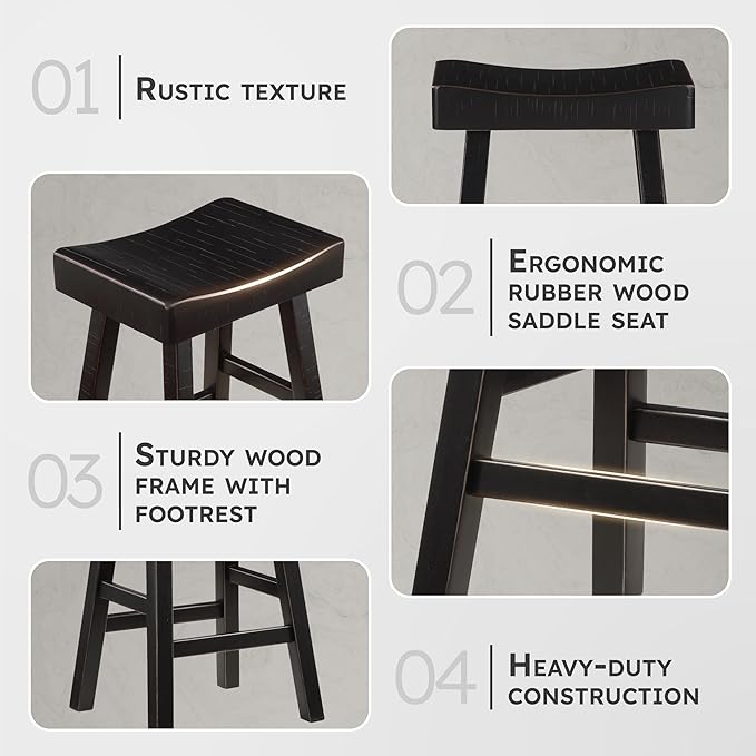 Lexicon Bar Height Bar Stools Set of 2 - Solid Wood Pub Chairs with Footrest, Armless Kitchen Chairs for Island, Living Room, Breakfast Nook, Easy to Clean, Sturdy, Transitional 30.5" High - Black