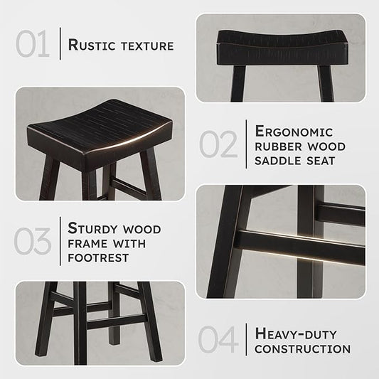 Lexicon Bar Height Bar Stools Set of 2 - Solid Wood Pub Chairs with Footrest, Armless Kitchen Chairs for Island, Living Room, Breakfast Nook, Easy to Clean, Sturdy, Transitional 30.5" High - Black