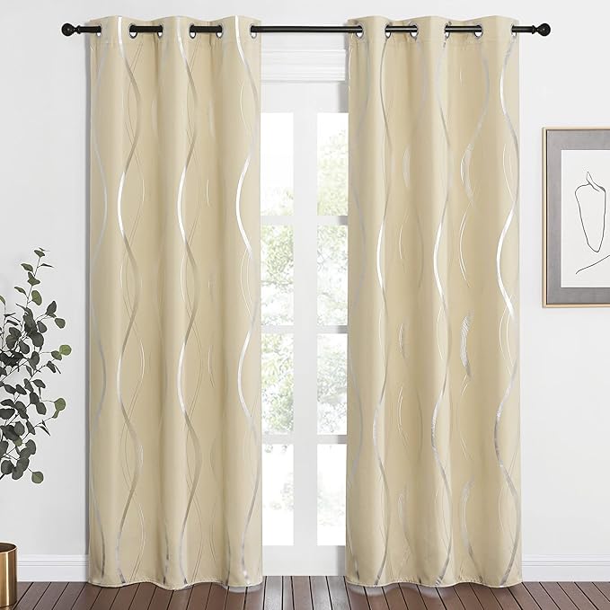 NICETOWN Room Darkening Curtains for Bedroom, Noise Reducing Thermal Insulated Wave Line Foil Print Design Blackout Curtains for Patio Sliding Glass Door (2 Panels, 42 x 84 Inch, Biscotti Beige)