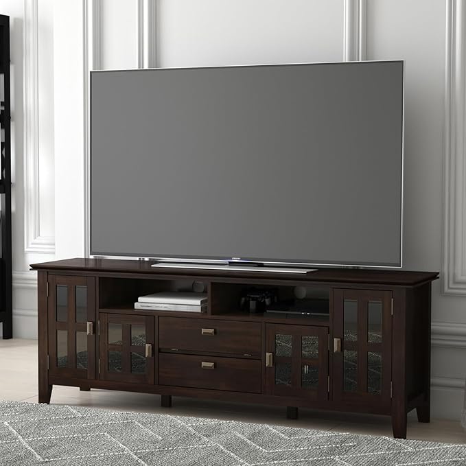SIMPLIHOME Artisan TV Stand - 53 inch Wide Solid Wood Tall Media Console in Russet Brown, Contemporary Entertainment Center for Living Room for TVs up to 60 Inches with Drawers and Cable Management