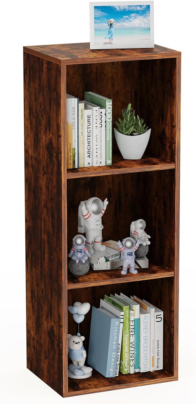 3 Tier Bookshelf, Narrow Bookcase for Small Spaces, Wooden Book Case Bookshelves Storage Organizer for Bedroom Living Room Home Office (Retro Brown, 3 Cube)