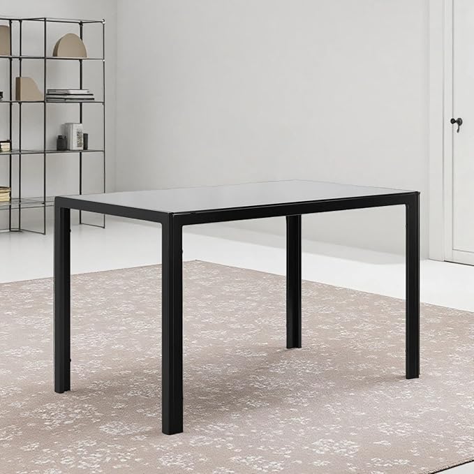 Tempered Glass Dining Table, Minimalist Rectangular Table with Transparent Surface and Metal Frame Construction, 47.3'' Table up to 4 People, Supports up to 170 Lbs, for Family Meals, Black