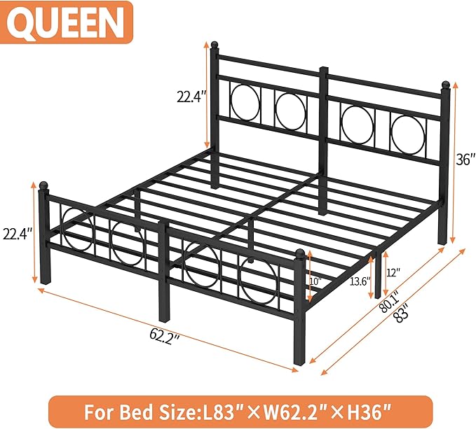Queen Size Bed Frame Classic Metal Platform Bed Frame Mattress Foundation with Victorian Style Iron-Art Headboard/Footboard/Storage Space/No Box Spring Needed/Black