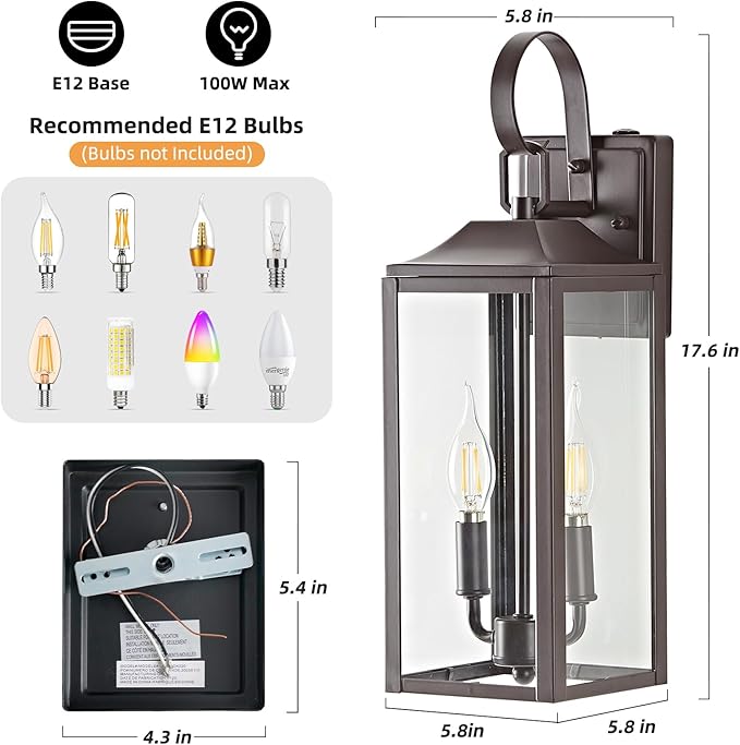 OKELI 17.6" Dusk to Dawn Outdoor Wall Light, Large Exterior Porch Lighting 2-Light Farmhouse Outside Lantern Lights with Clear Glass Waterproof Wall Sconces Lamp for House Garage, Brown