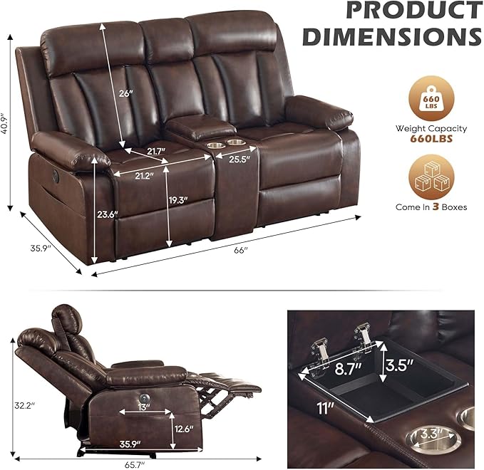 Power Reclining Loveseat with Console, Reclining Loveseat with Heat and Massage, Power Loveseat Recliner Sofa with Dual Ports, Cup Holders for Living Room, RV Sofa