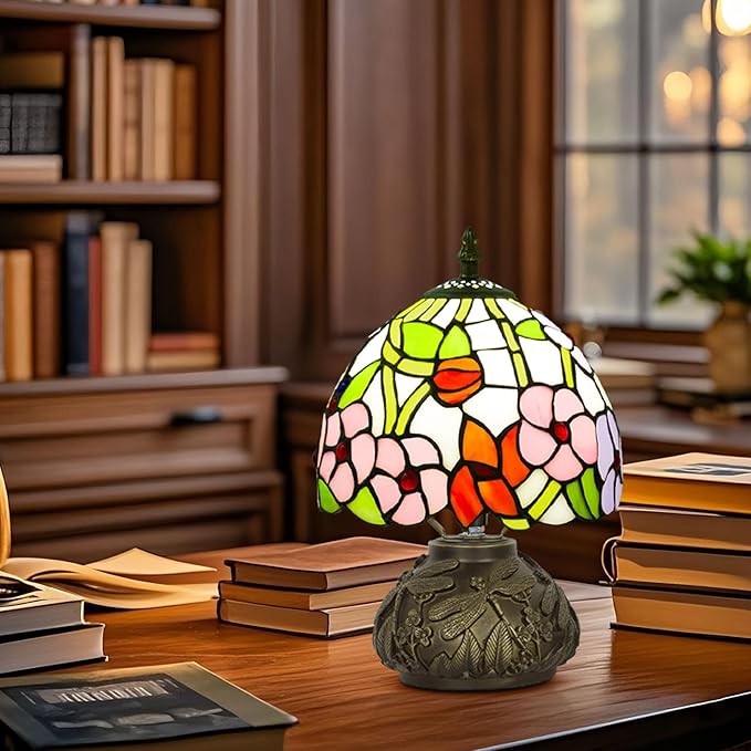 Small Tiffany Table Lamp,Stained Glass Lamp,8 Inch Mushroom Style Mini Vintage Desk Lights for Bedside, Bedroom,Nightstand,Living Room,3 Color Temperature (Four Leaf Flowers)