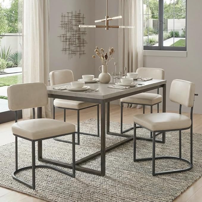 Dining Chairs Set of 6, Upholstered Modern Kitchen Chairs with Ergonomic Backrest, Faux Leather Cushion Seat & Curve Metal Legs for Living Room, Restaurant, and Café, Beige, 2 Boxs