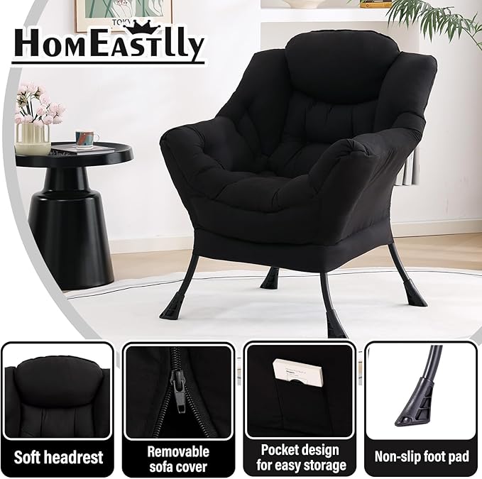 Lazy Chair, Large Accent Chair, Modern Comfy Armchair, Black Chair for Living Room Bedroom Dorm Room Office Apartment Reading Relaxing Use