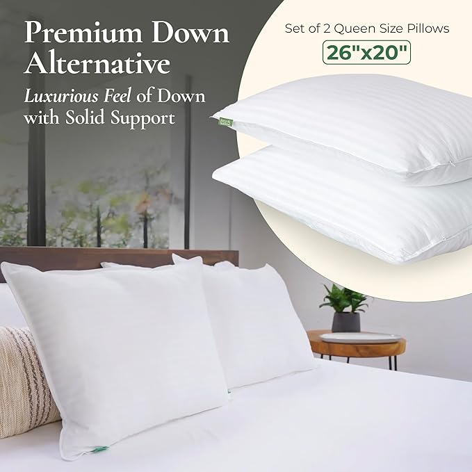 Fern and Willow Premium Bed Pillows - Set of 2, 26"x20" - Luxurious Ultra-Soft Cooling Pillow - Hotel Quality, Down Alternative Fill, Medium Firm Support for Side, Back & Stomach Sleepers