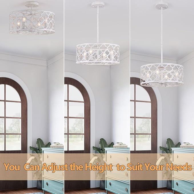 Bargeni Farmhouse Chandelier,15 inch Rustic Ceiling Light Fixture,Antique White Finish,4-Light Dining Room Light Fixture for Kitchen Island,Bedroom,Entryway,Foyer