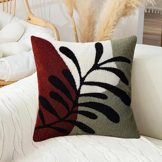 Merrycolor Boho Decorative Throw Pillow Covers 18x18 Tufted Green Decorative Pillows Covers Leaf Mid Century Modern Throw Pillows for Bed Couch Sofa Living Room 1PC （Green and Red ）