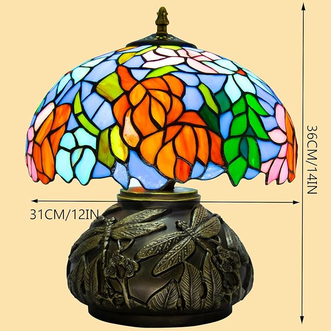 Tiffany Table Lamp,12 Inch Stained Glass Table Lamp,Mushroom Style Vintage Desk Lights Included E26 LED with Remote Control for Bedside,Bedroom,Living Room(Leaf Wisteria)
