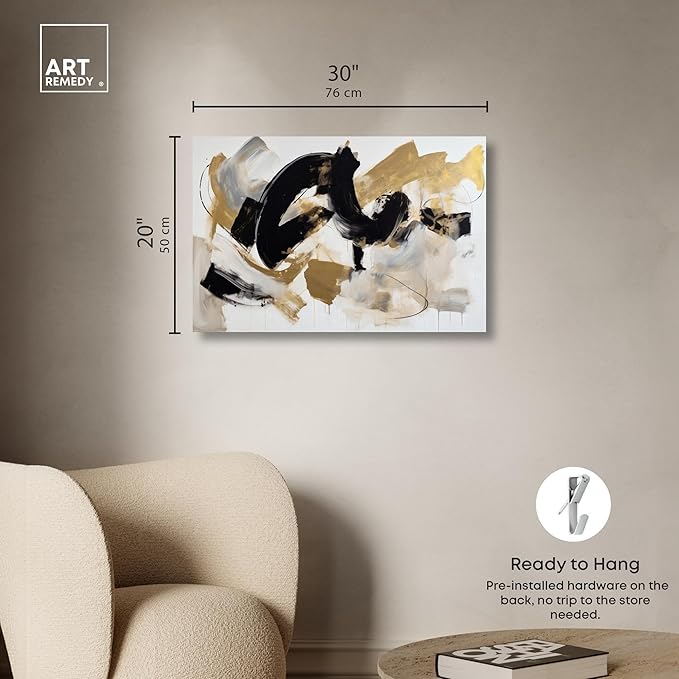 Art Remedy Moved Abstraction Canvas Modern Black White Abstract Wall Art, Gallery Wrapped, 30" x 20"