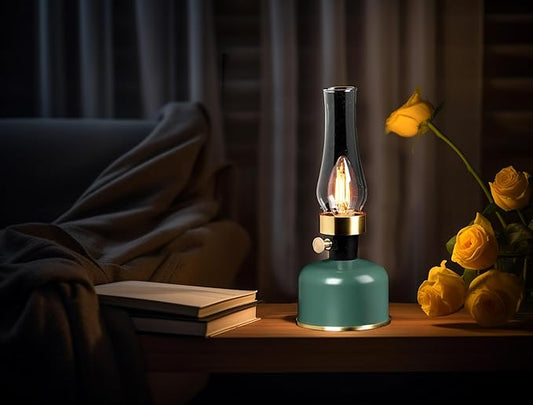 Abbott Collection Lantern LED Lamp with Chimney, Portable Table Light - Metal/Glass, Green (10.5" H)