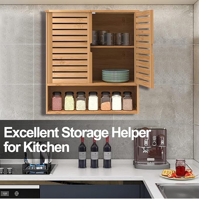 Bathroom Wall Cabinet, Bamboo Storage Cabinet Wall Mounted, Wall Hanging Cabinet with 2 Doors & 3 Tier Shelves
