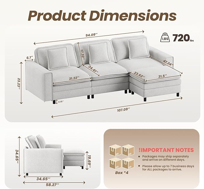 MALOL Modular Sectional Sofa 107", Comfy Cloud Couch with Ottoman, Deep 4-Seat L Shaped Modular Sofa, Couches with Throw Pillows for Living Room, Beige