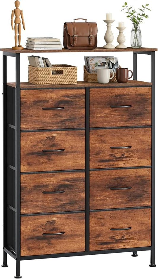 8 Drawers Dresser with Open Shelf, 46" Tall Storage Organizer Chest of Drawer with Wooden Top, Sturdy Metal Frame for Bedroom, Hallway, Living Room, Brown