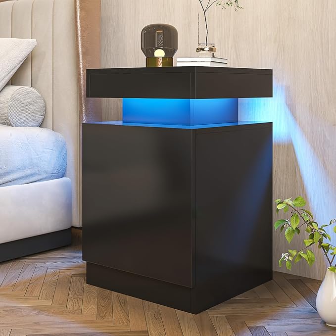 Nightstands Set 2, 15 Inches LED Night Stand Set of 2, Modern Bedside Table with LED Lights, High Gloss Surface, End Table with Storage for Bedroom, Black